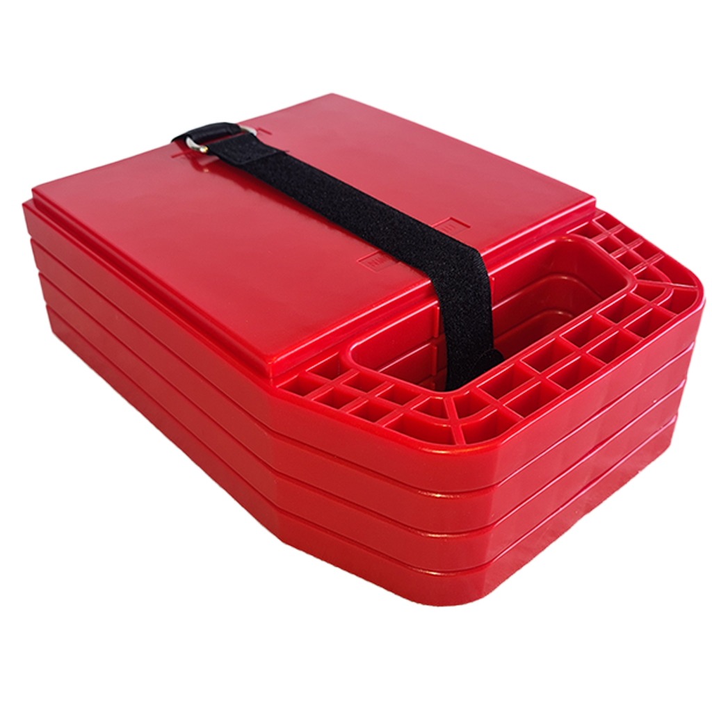 Redfoot Levelling - A Redfoot Levelling 'Anti Ant' Stabiliser Pad with a black strap, suitable for use as outrigger pads.